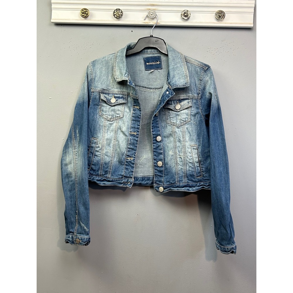Maurices Denim Jacket Womens XL Blue Cropped Trucker Distressed Faded Wash